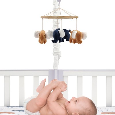 Blue and Caramel Velour Elephant Musical Baby Crib Mobile