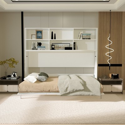 NicBex Twin Size Murphy Bed Wooden Bed Frame Morden Hideaway Wall Bed with 6 Open Shelves for Guest Room, White