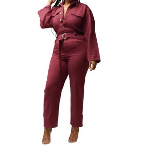 Women's Belted Long Sleeve Jumpsuit - SIGNATURE8 - 1 of 1