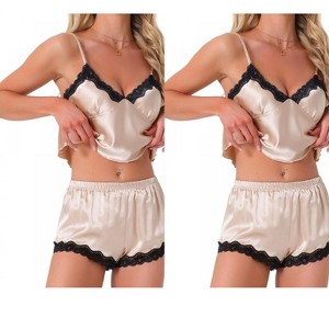 INSPIRE CHIC Women's 4 Pcs Loungewear Satin Lace Sleeveless Spaghetti-Strap Removable Pad Cami & Shorts Pajama Set - 1 of 4
