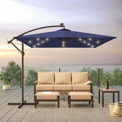 Sonkuki 8.2x8.2 FT Outdoor LED Solar Lighted Hanging Umbrella Patio Offset W/t Cross Fade-resistant, 360° Rotation