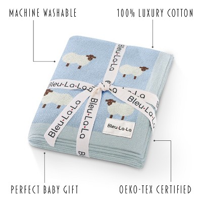 Baby Blue Cotton Knit Sheep Pattern Swaddle Blanket