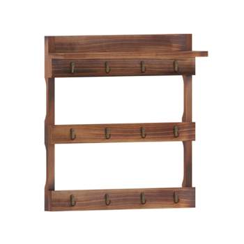 Merrick Lane Steeley Wooden Wall Mount Mug Rack Organizer with Upper Storage Shelf and Metal Hanging Hooks with No Assembly Required