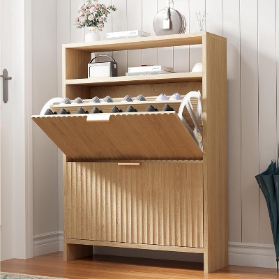 Fluted Shoe Cabinet, Narrow Shoe Storage Cabinet with 2 Flip Drawers and Open Shelf, Storage Organizer for Foyer, Hallway, Front Door