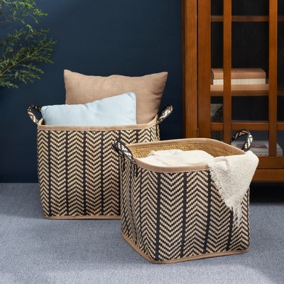 Square Palm Leaf Woven Wicker Storage Basket with Handles (Set of 2)- 14" x 14" x 15" and 16" x 16" x 17"