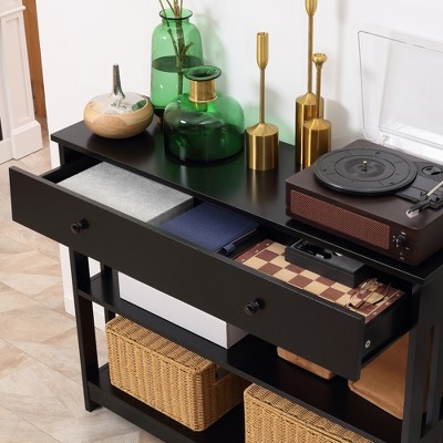 Black Wood Console Table with Drawer and Shelves
