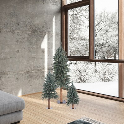 Natural Bark Alpine Artificial Christmas Tree Set with Real Wood Trunks