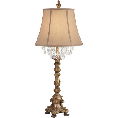 Barnes and Ivy Cottage Table Lamp Crystal Gold Candlestick Beige Bell Shade for Living Room Family Bedroom Bedside Nightstand