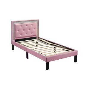 Poundex, Twin Upholstered Bed Frame with Slats in Faux Leather - 1 of 4