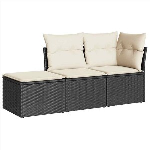 vidaXL Patio Sofa Set with Cushions Outdoor Furniture 3 Piece Poly Rattan - Black and Cream - 1 of 4