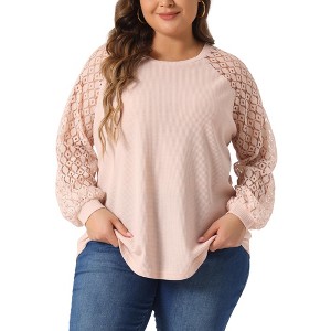 Agnes Orinda Women's Plus Size Lace Crew Neck Long Sleeve Knit Blouses - 1 of 4