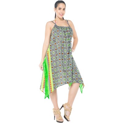 LA LEELA Women's Summer Vacation Beachwear Mini Bathing Suit Loose Beach Dress Swimsuit Cover ups for Women Strappy A Line Dress 1X Green, Floral