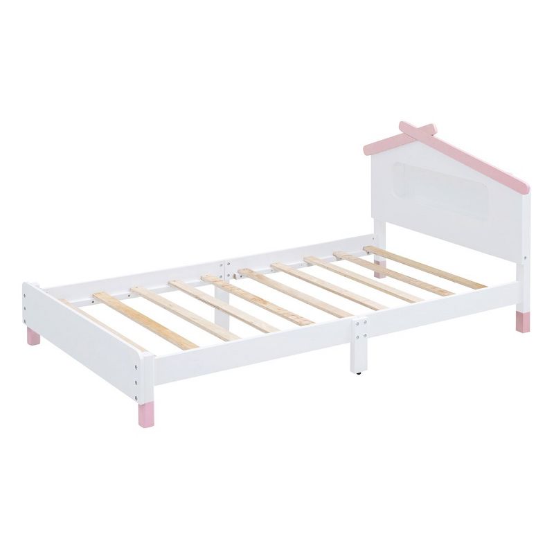 Twin Size Bed Frames, Wooden Platform Bed With House-shaped Headboard, Motion Activated Night Lights, White+Pink, 4 of 8