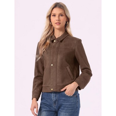 INSPIRE CHIC Women's Point Collar Long Sleeves Solid Business Casual Suede Jacket with Zipper and Pockets Medium Coffee — фото 4