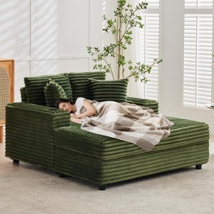 54" Oversized Chaise Lounge Chair, Upholstered Sleeper Sofa Bed with 4 Pillows & Cup Holder, Corduroy Comfy Sofa Couch for Living Room Bedroom, Green - 1 of 4