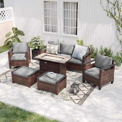 Sonkuki 6 Pieces Patio Sofa with Rectangle Fire Pit Table and Ottomans, Patio Conversation Couch with Cushion