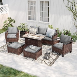 Sonkuki 6 Pieces Patio Sofa with Rectangle Fire Pit Table and Ottomans, Patio Conversation Couch with Cushion - 1 of 4