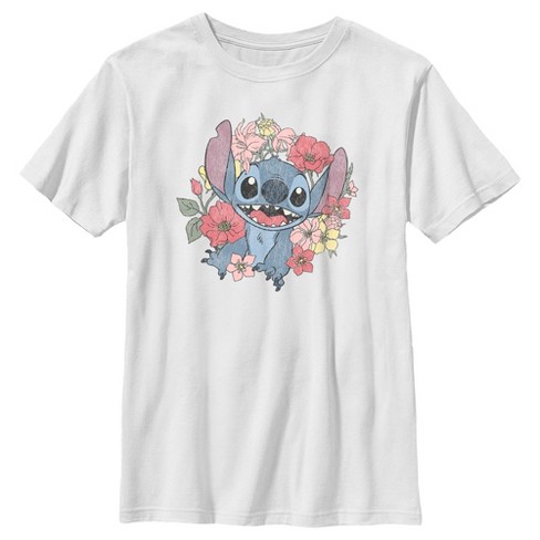 Boy's Lilo & Stitch Floral Distressed Stitch T-shirt - White - Small ...