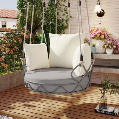 BEAFUP Outdoor Porch Swing Chair Hanging Basket, Hanging Chair with UV Resistant Cushion, Olefin Fabric for Patio Porch, Balcony, Beige