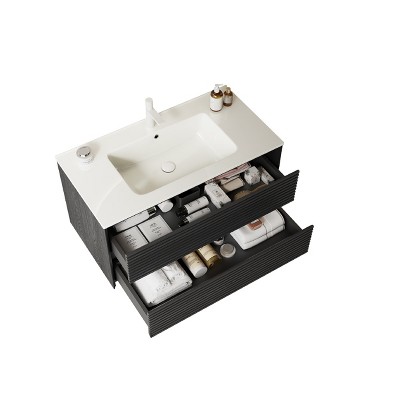 GDFStudio Carllyle Modern 36" Wood and Ceramic Wall-Mounted Storage Bathroom Vanity with 2 Drawers