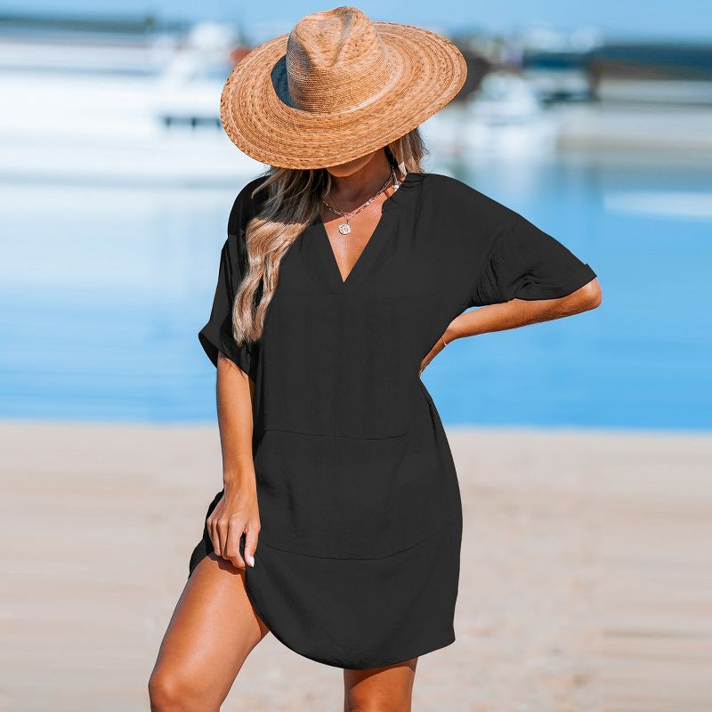 Women's Black Drop Shoulder Short Sleeve Mini Cover-Up Dress - Cupshe, 5 of 6