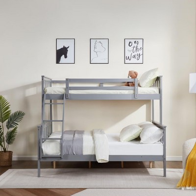 INFURNIC Beds Twin Over Full Bunk Bed Solid Wood Frame with Flexible Ladder and Robust Support for Kids, Grey, 78.03"*56.81"*63.31"