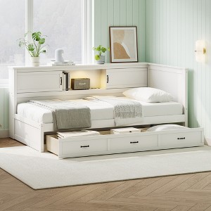 Whisen Twin Size L-Shaped Wooden Bed Frame & Corner Bed Captain Bed with Drawer and and Bookcase - 1 of 4