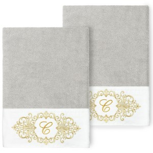 Linum Home Textiles 100% Turkish Cotton MONICA Gold Thread 2PC Embellished Bath Towel Set - 1 of 3