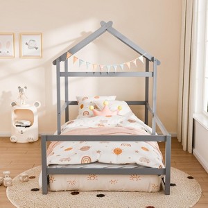 JOYMOR Twin House Floor Bed Frame with Roof, Wooden Montessori Bed with Safety Fence, Kids Bedroom (Gray) - 1 of 4