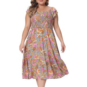 Women's Plus Size Square Neck Flutter Sleeve Smocked High Waist Floral Midi A Line Dresses - Agnes Orinda - 1 of 4