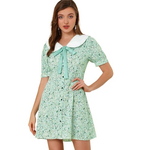 Allegra K Women's Peter Pan Collar Flowy Short Sleeve Ruffle Summer Floral  Shirt Dress Green X-large : Target