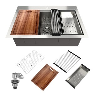 CASAINC 33" Drop-In Single Bowl Stainless Steel Workstation Topmount Kitchen Sink with Included Sliding Accessories - 1 of 4