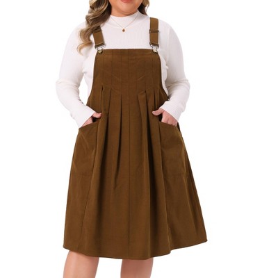 Women's Plus Size Corduroy Adjustable Strap Pleated Midi Casual Overall Pinafore Dress with Pockets - Agnes Orinda