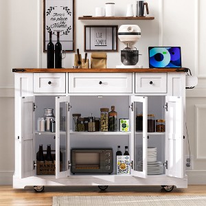 Ridstar 53 in. W Mobile Kitchen Cart with 5 Open Shelves, 3 Drawers & 2 Tempered Glass Cabinet Doors-White - 1 of 4