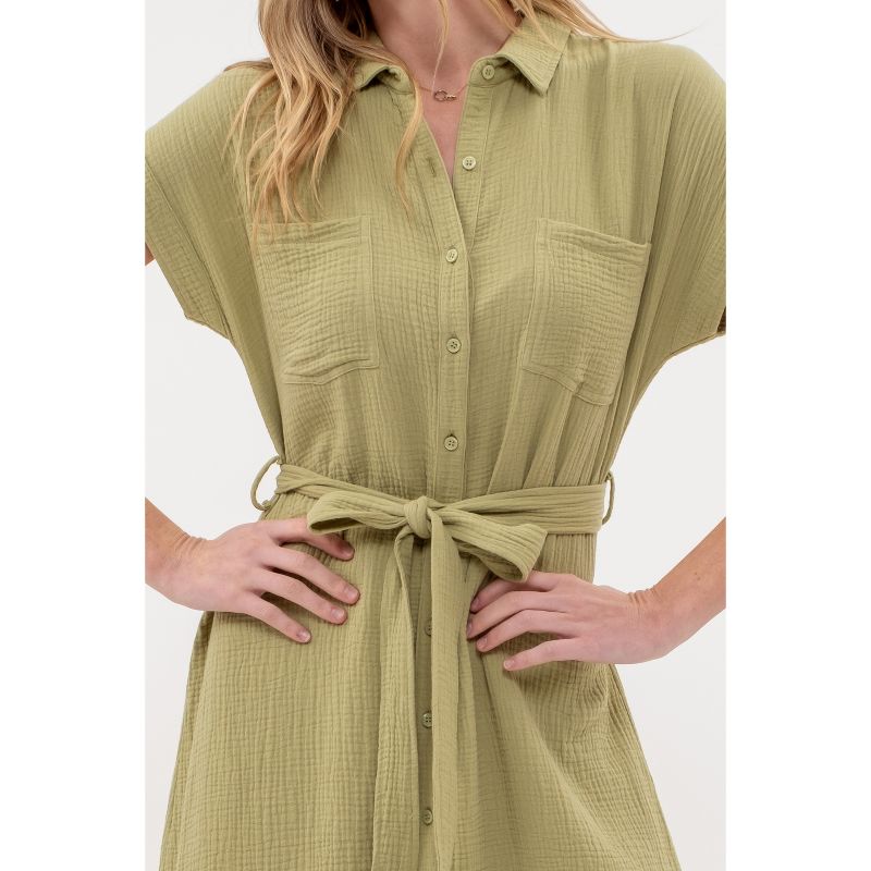 August Sky Women's Solid Point Collar Button Up Shirt Midi Dress, 4 of 5
