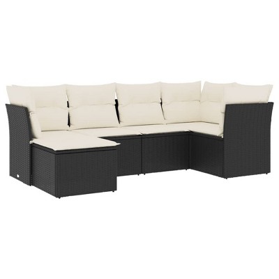 vidaXL 6 Piece Patio Sofa Set with Cushions Black and Cream Poly Rattan - Without Table