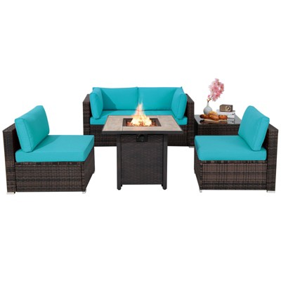 Tangkula 6 PCS Patio Wicker Furniture Set With 30" Gas Fire Pit Table 50,000 BTU Black/Red/Turquoise/Navy/White  Cushions
