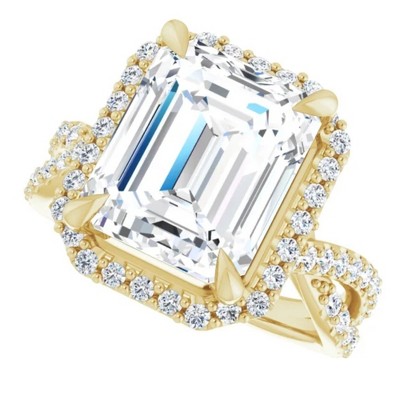 Pompeii3 5 3/4Ct Emerald Cut Moissanite & Diamond Engagement Ring White Yellow Rose Gold