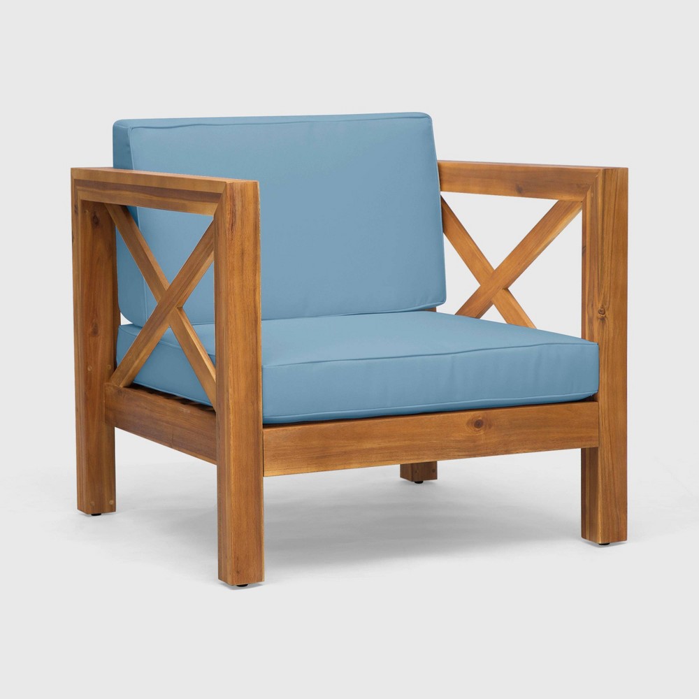 Brava Acacia Wood Club Chair Teak/Blue – Christopher Knight Home  – Patio​