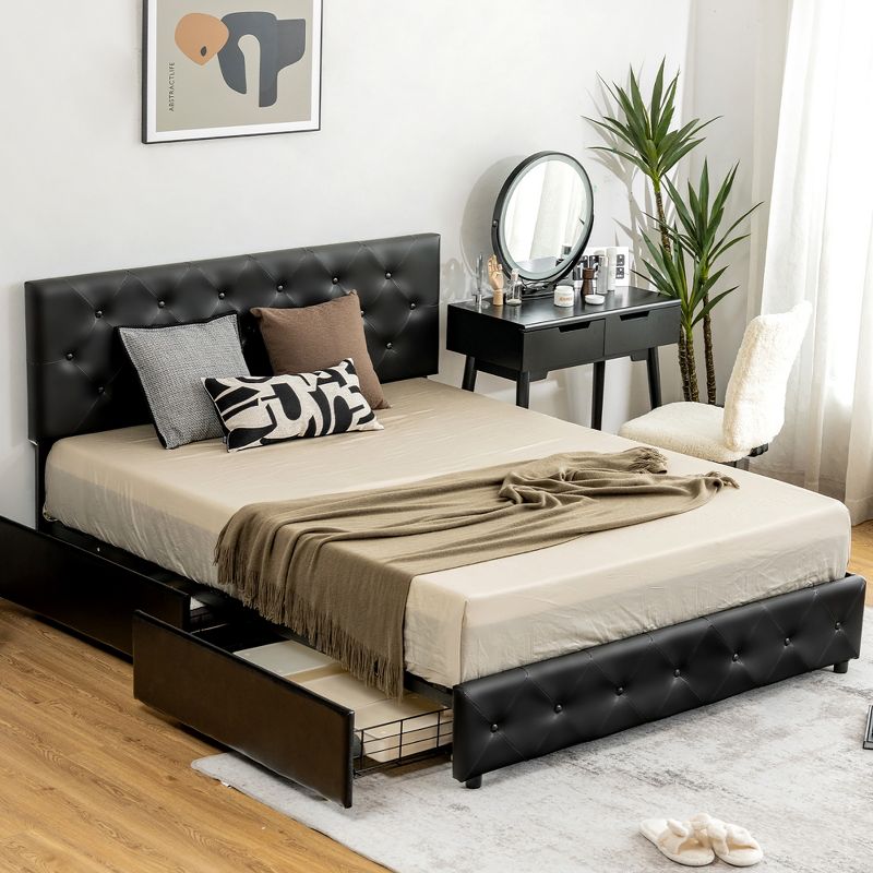 Costway Upholstered Platform Bed w/ 4 Drawers PU Leather Button Tufted Headboard, 3 of 10