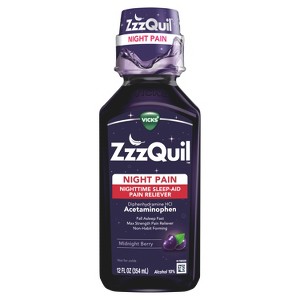 Vicks ZzzQuil Nighttime Pain Relief Sleep Aid Liquid, 12 fl oz, Max Strength Pain Reliever, Non-Habit Forming - 1 of 4
