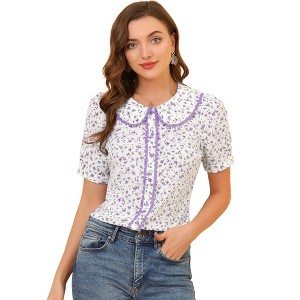 INSPIRE CHIC Women's Floral Peter Pan Collar Lace Trim Button Down Shirt - 1 of 4