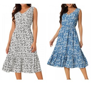 INSPIRE CHIC Women's Summer Boho Beach V Neck Sleeveless Floral Flowy Tiered Midi Dress with Pockets 2 Packs - 1 of 4