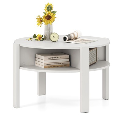Tangkula 29.5" 2-Tier Round Coffee Table w/ Storage 4 Shelves Faux Wooden Top