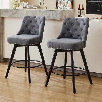 Modern Gray Bar Stool Set of 2, 360° Swivel Bar Stool, Linen Upholstered Counter Height Stool with Button Tufted Back, Footrest, Wooden Bar Chair Set