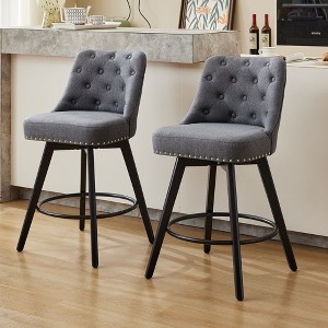 Modern Gray Bar Stool Set of 2, 360° Swivel Bar Stool, Linen Upholstered Counter Height Stool with Button Tufted Back, Footrest, Wooden Bar Chair Set - 1 of 4
