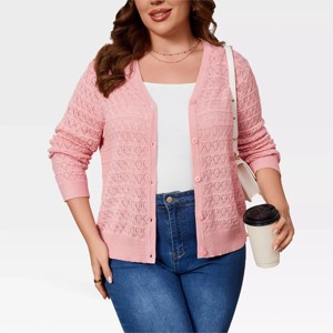 Womens Plus Size Caridigan Lightweight Crohcet Cardigan Ribbed Cuff Front Button Down Long Sleeve Sweater with V Neck - 1 of 4
