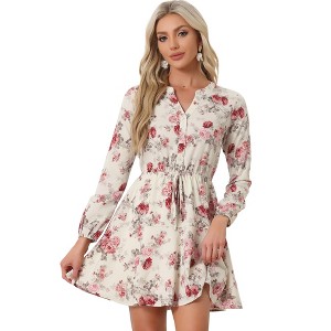 Allegra K Women's Floral Print Button Front Puff Sleeve Tie Waist Shirt Dress - 1 of 4