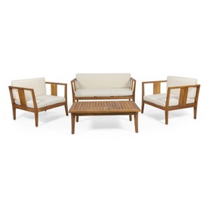 Nicholson Outdoor 4 Seater Acacia Wood Chat Set - Teak/Beige - Christopher Knight Home: Patio Conversation Set with Cushions & Coffee Table - 1 of 4