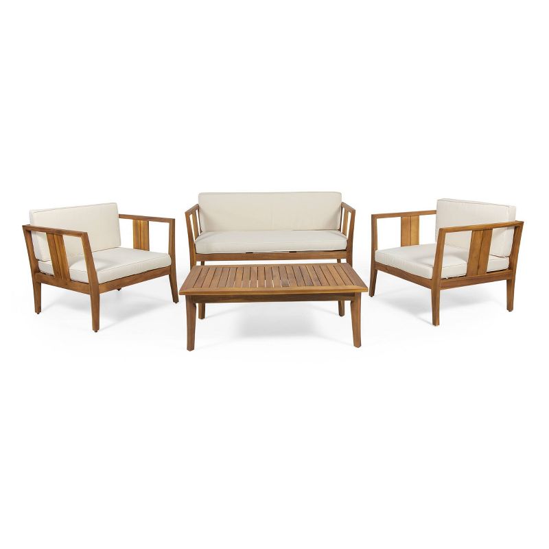 Nicholson Outdoor 4 Seater Acacia Wood Chat Set - Teak/Beige - Christopher Knight Home, 1 of 17